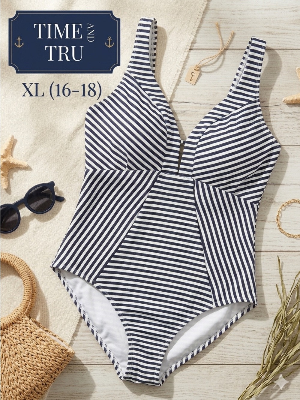 TIME AND TRU Women’s Blue/White Striped Full Coverage One Pc. Swimsuit XL(16-18)